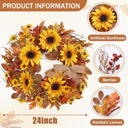 24 Inch Sunflower Fall Wreath for Front Door Decor in Red, alternate view 2