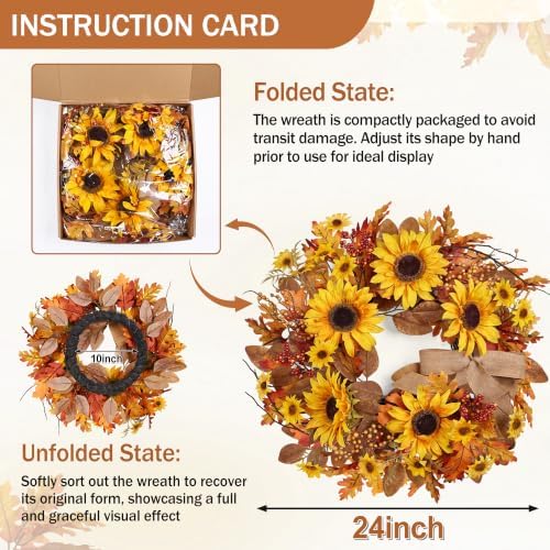24 Inch Sunflower Fall Wreath for Front Door Decor in Red, alternate view 3