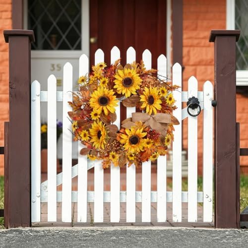 24 Inch Sunflower Fall Wreath for Front Door Decor in Red, alternate view 4