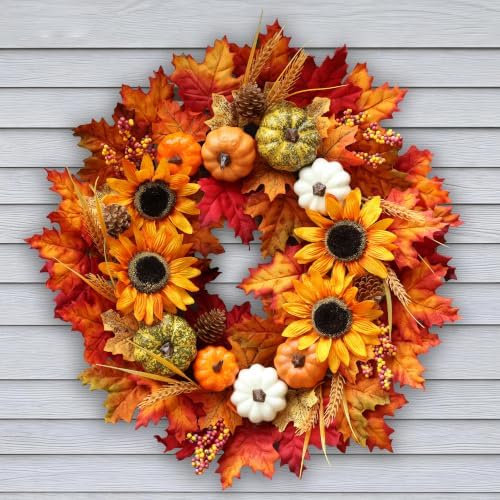 24 Inch Sunflower Fall Wreath for Front Door with Maple Leaves and Pumpkins in Multicolor