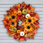 24 Inch Sunflower Fall Wreath for Front Door with Maple Leaves and Pumpkins in Multicolor