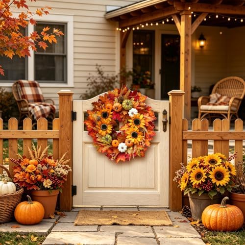 24 Inch Sunflower Fall Wreath for Front Door with Maple Leaves and Pumpkins in Multicolor, alternate view 2