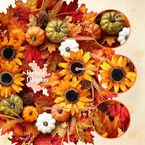 24 Inch Sunflower Fall Wreath for Front Door with Maple Leaves and Pumpkins in Multicolor, alternate view 3