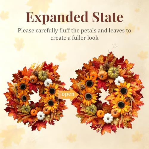 24 Inch Sunflower Fall Wreath for Front Door with Maple Leaves and Pumpkins in Multicolor, alternate view 4