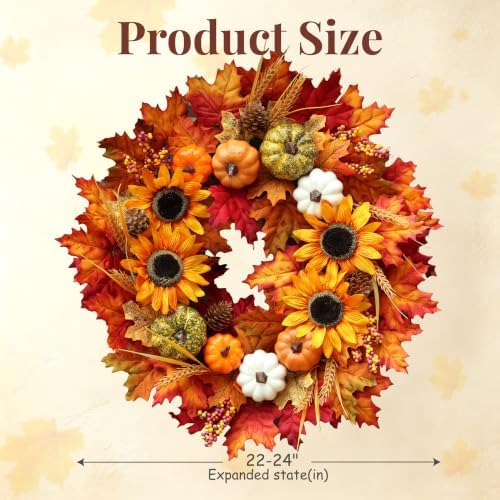 24 Inch Sunflower Fall Wreath for Front Door with Maple Leaves and Pumpkins in Multicolor, alternate view 5