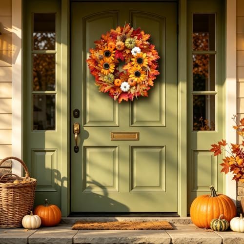24 Inch Sunflower Fall Wreath for Front Door with Maple Leaves and Pumpkins in Multicolor, alternate view 6