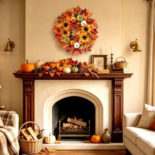 24 Inch Sunflower Fall Wreath for Front Door with Maple Leaves and Pumpkins in Multicolor, alternate view 7