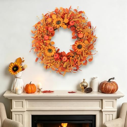 24 Inch Sunflower Mini Pumpkin Fall Wreath for Front Door, alternate view 4