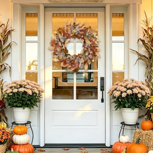 24 Inch Woodland Fall Wreath, Rustic Farmhouse Autumn Wreath with Frosted Pinecones, Bunny Tail Grass, Acorns &, alternate