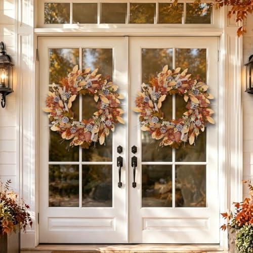 24 Inch Woodland Fall Wreath, Rustic Farmhouse Autumn Wreath with Frosted Pinecones, Bunny Tail Grass, Acorns &, alternate