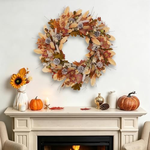 24 Inch Woodland Fall Wreath, Rustic Farmhouse Autumn Wreath with Frosted Pinecones, Bunny Tail Grass, Acorns &, alternate