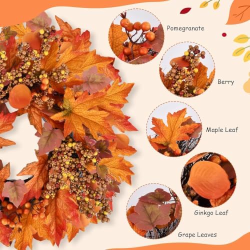 24 lnch Artificial Fall Wreath for Front Door Autumn Wreath with Hanger, alternate view 6
