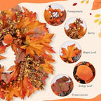 24 lnch Artificial Fall Wreath for Front Door Autumn Wreath with Hanger, alternate view 6