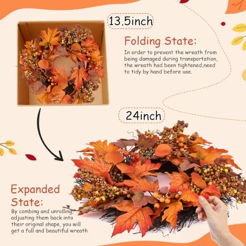 24 lnch Artificial Fall Wreath for Front Door Autumn Wreath with Hanger, alternate view 7