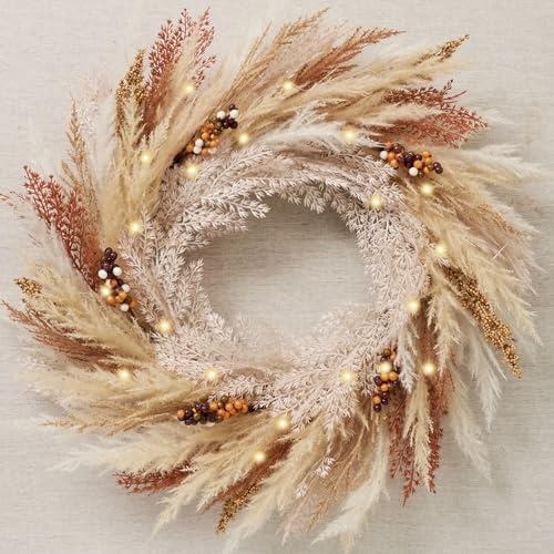 24'' Neutral Fall Pampas Wreath with Lights for Front Door in Orange and Gold