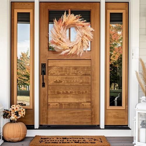 24'' Neutral Fall Pampas Wreath with Lights for Front Door in Orange and Gold, alternate view 2