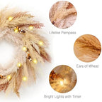 24'' Neutral Fall Pampas Wreath with Lights for Front Door in Orange and Gold, alternate view 3