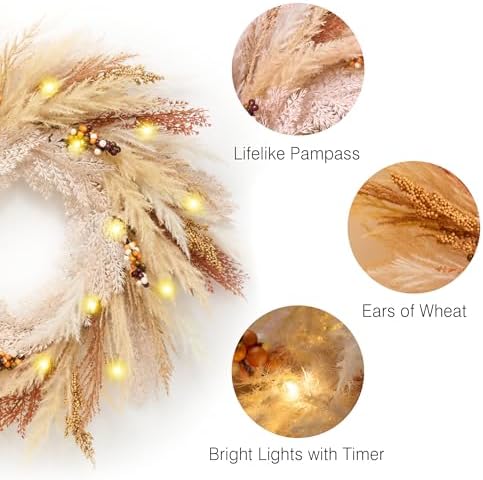 24'' Neutral Fall Pampas Wreath with Lights for Front Door in Orange and Gold, alternate view 3