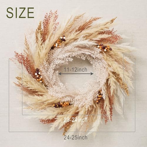 24'' Neutral Fall Pampas Wreath with Lights for Front Door in Orange and Gold, alternate view 5