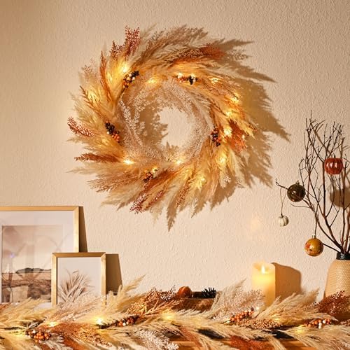 24'' Neutral Fall Pampas Wreath with Lights for Front Door in Orange and Gold, alternate view 6