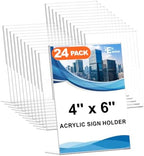 24 Pack 4 x 6 Acrylic Sign Holder, Clear Plastic Signs Display Stand, Vertical Slanted Back Paper Holder Stand