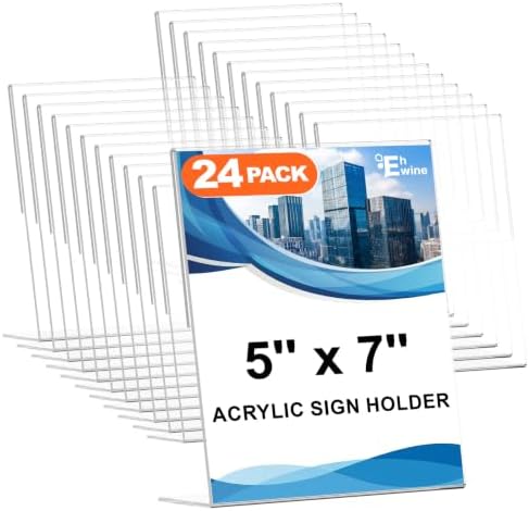 24 Pack 5 x 7 Acrylic Sign Holder, Clear Plastic Signs Display Stand, Vertical Slanted Back Paper Holder Stand