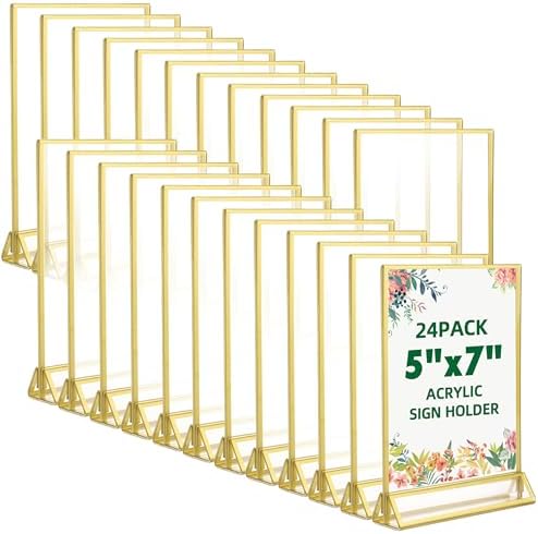 24 Pack 5"x7" Acrylic Sign Holders with 3mm Gold Border in Gold