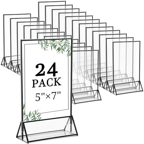 24 Pack 5x7 Inch Clear Acrylic Sign Holders, Black Border Double-Sided Vertical Picture Frames & Display Stands