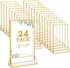 24 Pack 5x7 Inch Clear Acrylic Sign Holders, Gold Border Double-Sided Vertical Picture Frames & Display Stands