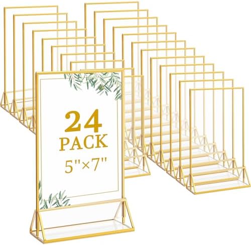 24 Pack 5x7 Inch Clear Acrylic Sign Holders, Gold Border Double-Sided Vertical Picture Frames & Display Stands