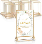 24 Pack Acrylic Sign Holder 4 x 6, Double Sided Gold Picture Frame Stand up Table Top Sign Holders, Clear