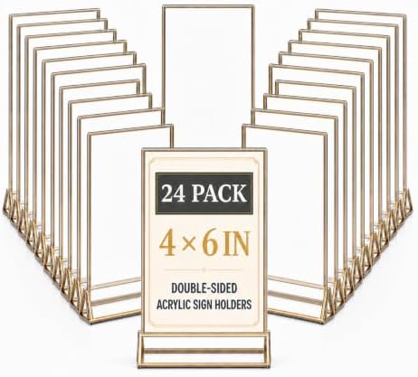 24 Pack Acrylic Sign Holder 4x6 Gold Frames, Wedding Table Number Holders Double Sided Vertical Clear Display