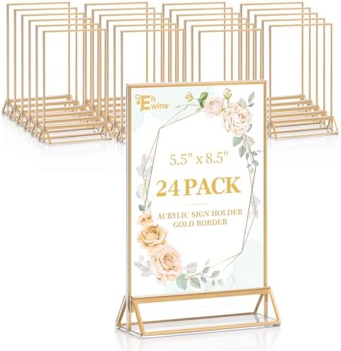 24 Pack Acrylic Sign Holder 5.5 x 8.5, Double Sided Gold Picture Frame Stand up Table Top Sign Holders, Clear