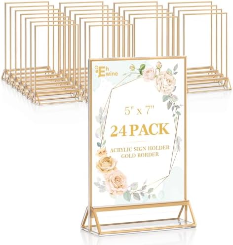 24 Pack Acrylic Sign Holder 5 x 7, Double Sided Gold Picture Frame Stand up Table Top Sign Holders, Clear