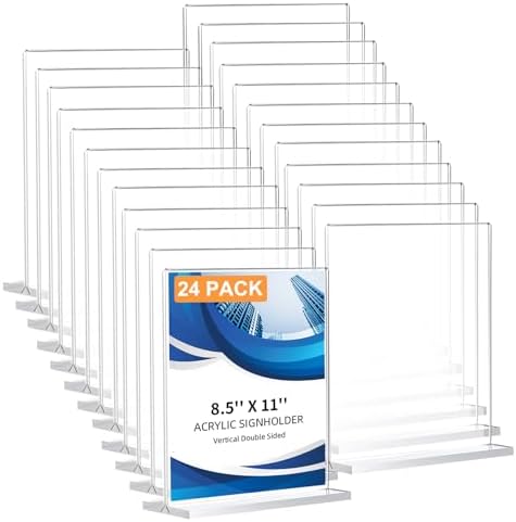 24 Pack Acrylic Sign Holder 8.5 x 11, Double-Sided Clear Sign Holder Plastic Stands for Display, T Shape Acrylic