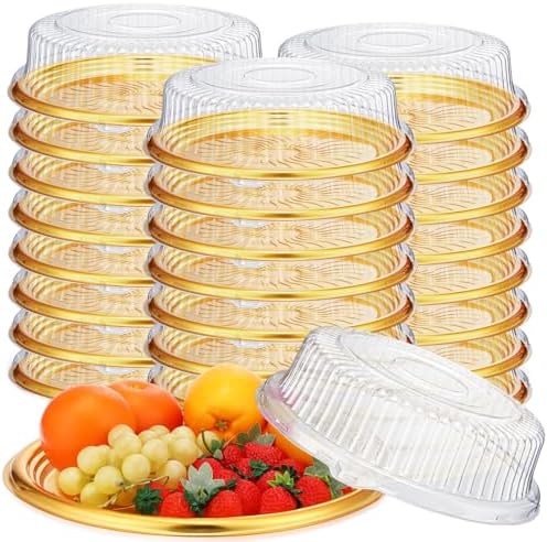 24 Pack Plastic Catering Trays with Lids, 12 Inch Round Gold in Gold, Clear