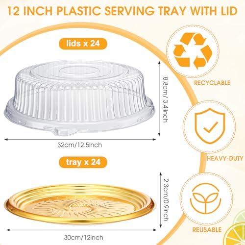 24 Pack Plastic Catering Trays with Lids, 12 Inch Round Gold in Gold, Clear, alternate view 3