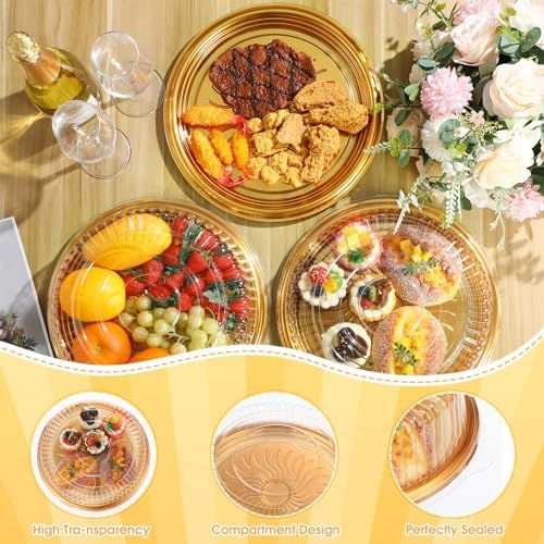 24 Pack Plastic Catering Trays with Lids, 12 Inch Round Gold in Gold, Clear, alternate view 4