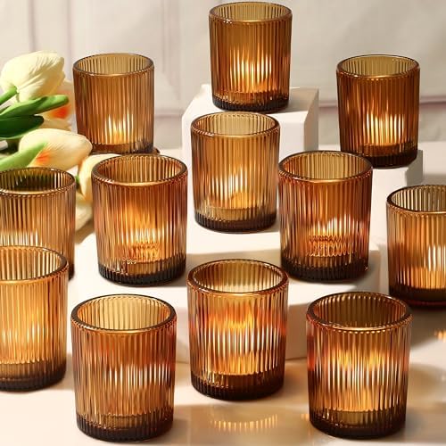 24 Pack Votive Candle Holders, Amber Candle Holders for Fall Table Decor in 2x2.5in in Amber