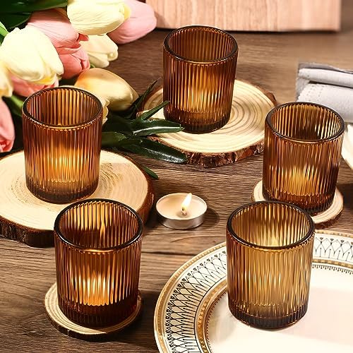 24 Pack Votive Candle Holders, Amber Candle Holders for Fall Table Decor in 2x2.5in in Amber, alternate view 5