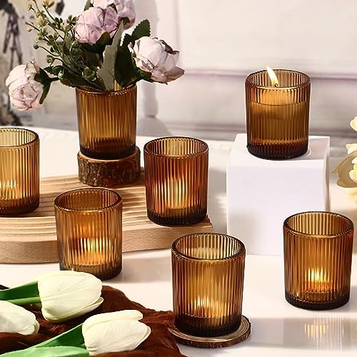 24 Pack Votive Candle Holders, Amber Candle Holders for Fall Table Decor in 2x2.5in in Amber, alternate view 6