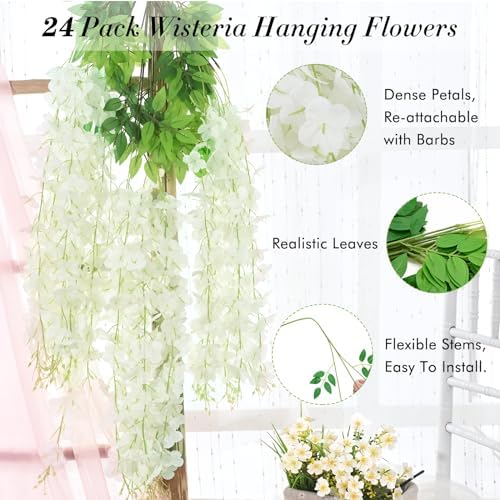 24 Pack Wisteria Hanging Flowers, 3.6 Feet/Pcs White Wisteria Artificial Flowers, Fake Flowers Garland, Hanging, alternate