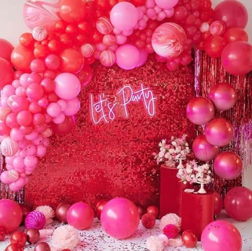 24 Panels Rose Red Shimmer Wall Backdrops, Square Sequins Backdrops with 6D Effect, Large Photo backdrops for