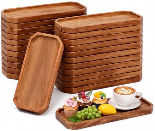 24 Pcs 10 x 5 Inch Wooden Serving Platter Bulk Acacia Wood Platters in 10 x 5 Inch in Brown