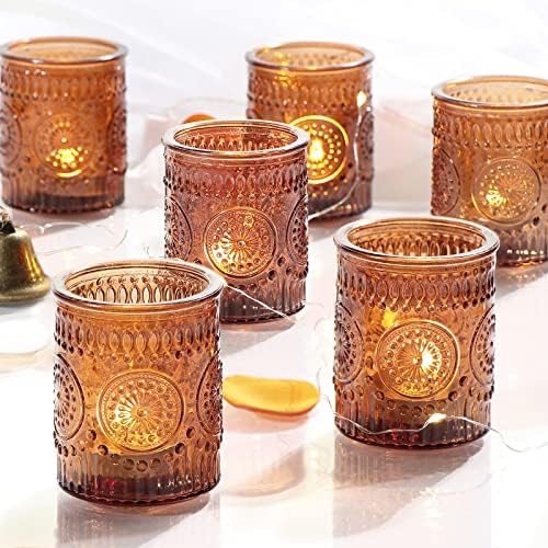 24 Pcs Amber Votive Tealight Candle Holders, Fall Christmas Decorations in Amber