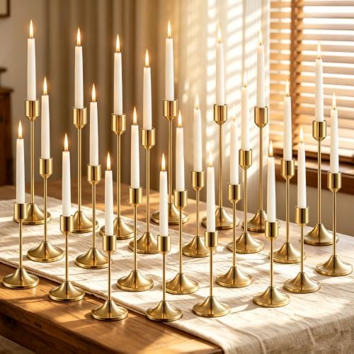 24 PCS Brass Gold Taper Candle Holders Set, Vintage Metal Candlestick in Vintage Gold