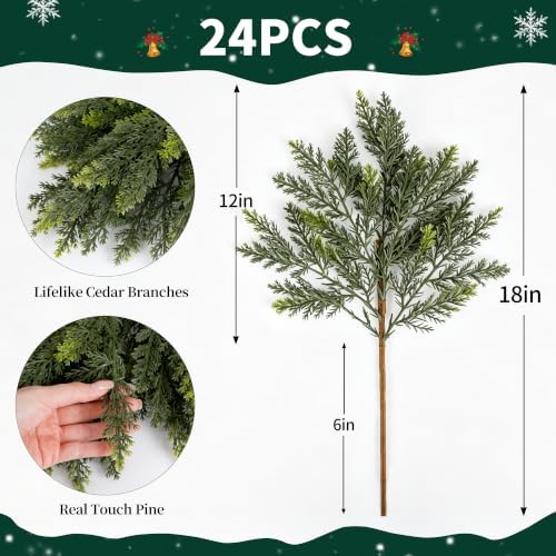 24 Pcs, Cedar Branches, Faux Cedar Stems, Lifelike Christmas Greenery, alternate view 3