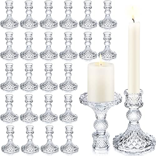 24 Pcs Clear Taper Candle Holders 4'' Tall Glass Candlestick Holders Bulk Crystal Decorative Stand Wedding Stick