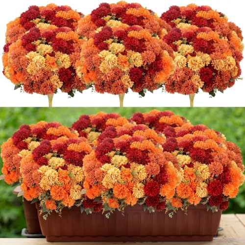 24 Pcs Fall Artificial Flowers for Outdoor Faux Mums, Burnt Orange