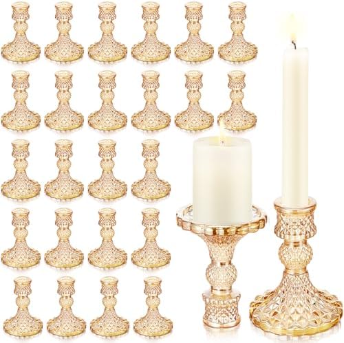 24 Pcs Gold Taper Candle Holders 4'' Tall Candlestick Glass Holders Bulk Crystal Decorative Stand Wedding Stick